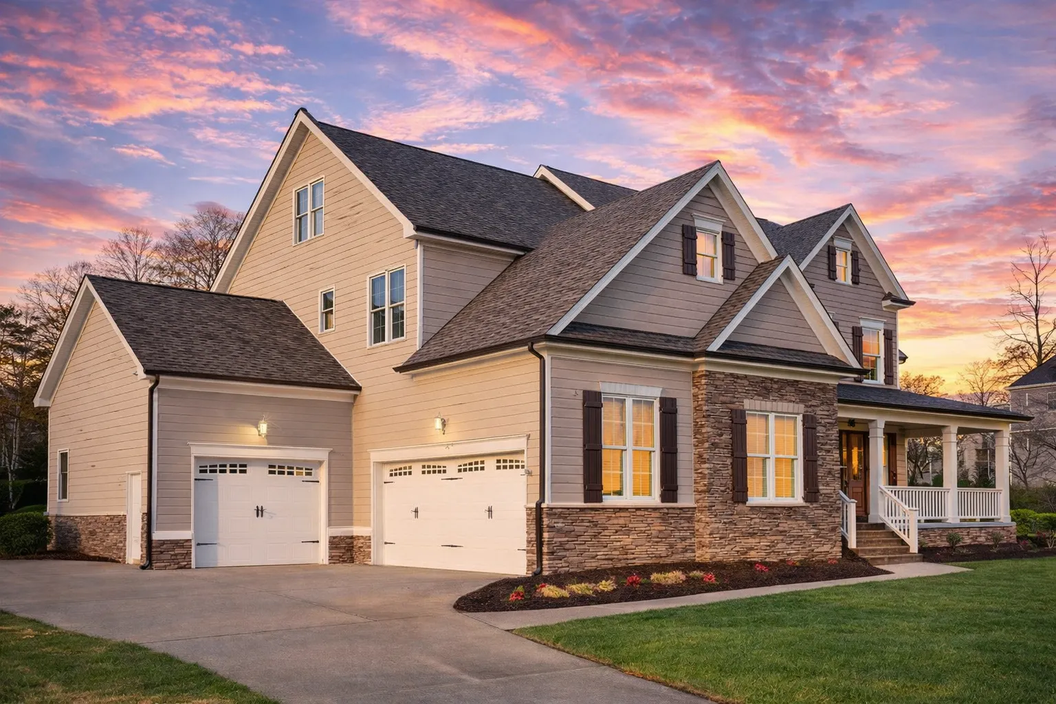 Front elevation of New American Traditional style home with stone veneer, lap siding, gable shake accents, and side-entry garage at sunset