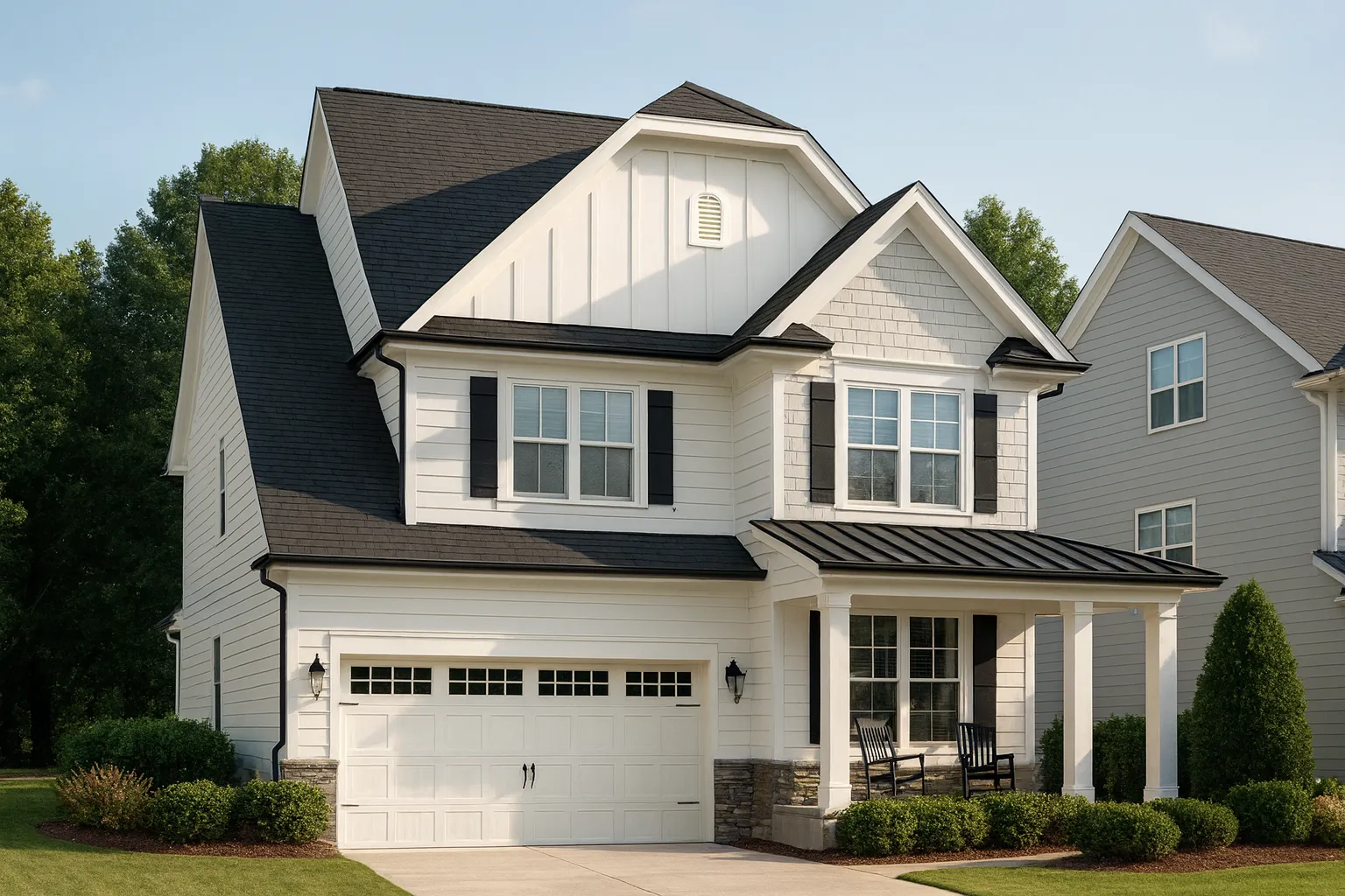 Front elevation of a Modern Farmhouse home featuring board and batten siding, horizontal lap siding, stone accents, and black metal roof details