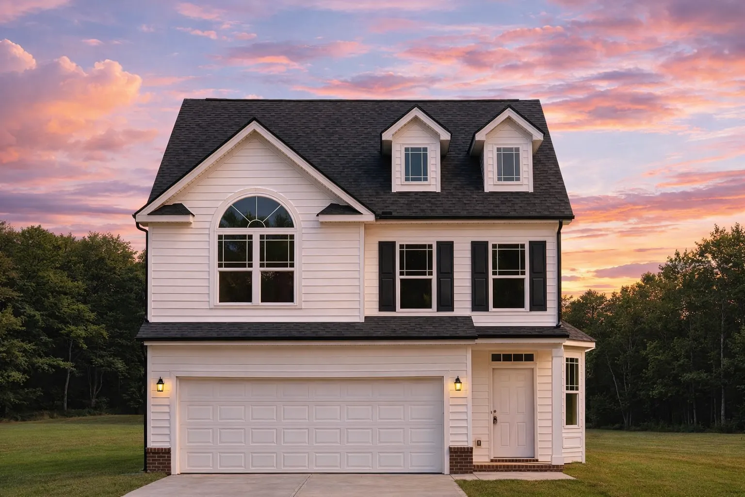 Front elevation of a Traditional Colonial style home featuring siding and stone accents, two stories, and a welcoming entry with gabled dormer above the garage