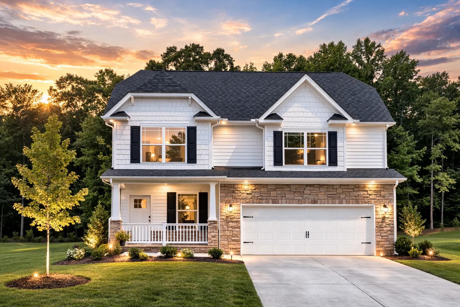 Front view of a Traditional Colonial style home with horizontal siding, partial stone accents, and symmetrical windows under a gable roof