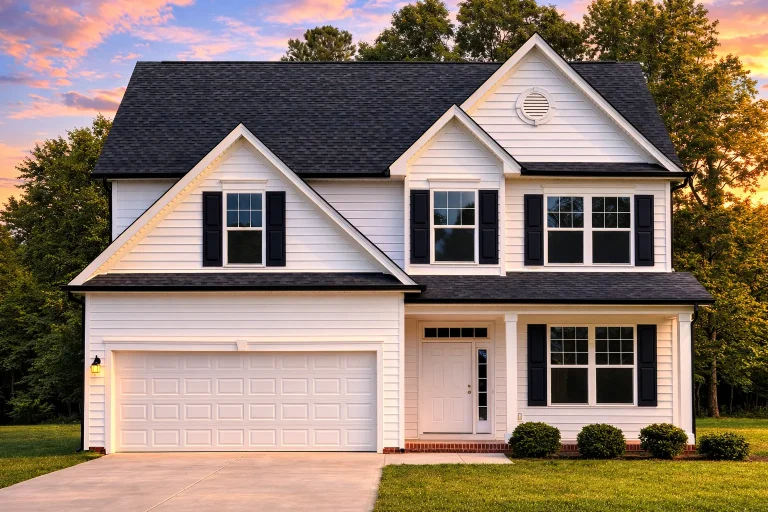 Front elevation of a Traditional Colonial home featuring a brick base, horizontal siding, and classic double gables with symmetrical windows