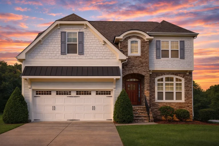 Front elevation of traditional brick suburban house with lap siding, arched entry, and double garage