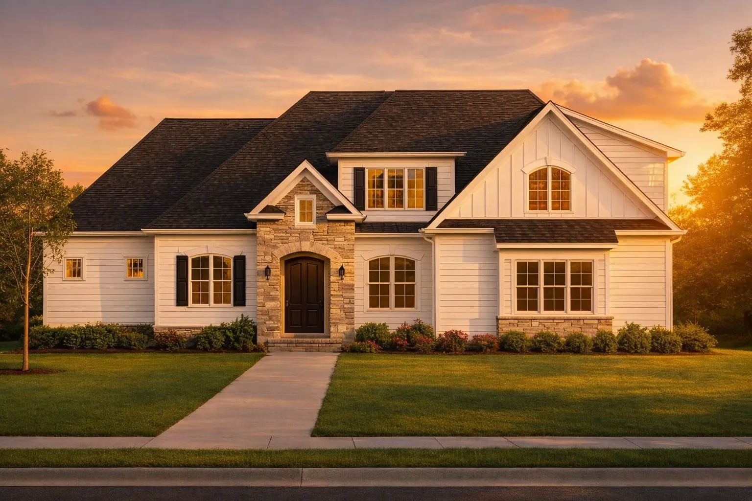 Front exterior view of a New American style farmhouse home featuring white board and batten siding, stone entry accents, gabled rooflines, and warm sunset lighting