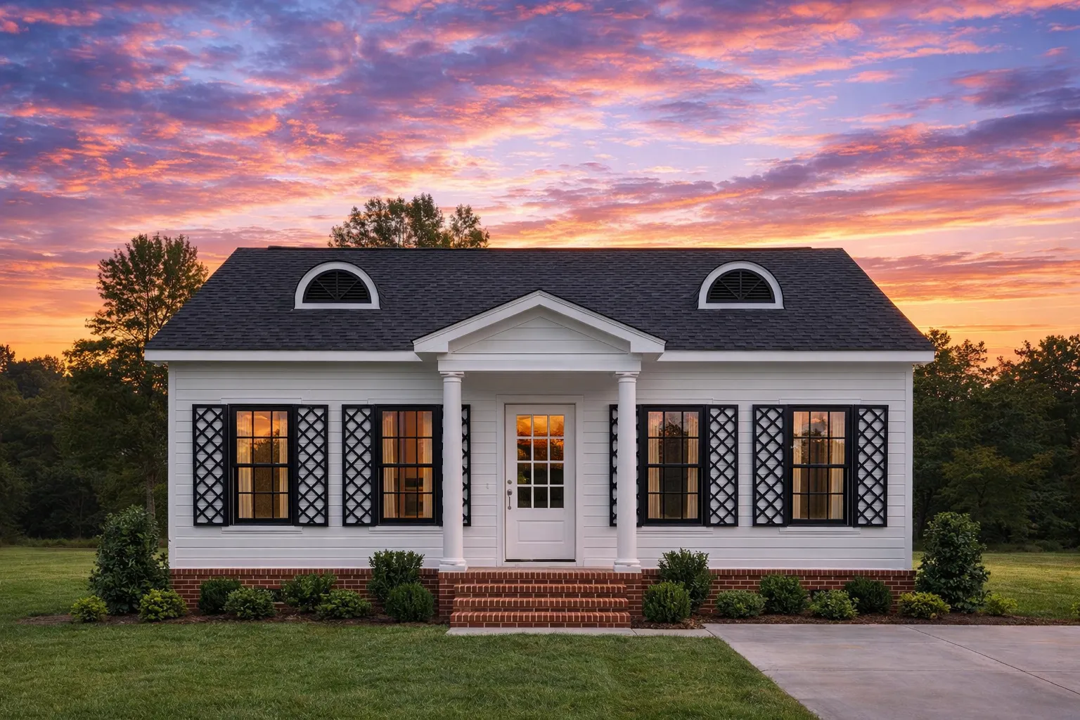 Front elevation of a Traditional Colonial Cottage home featuring horizontal lap siding, brick foundation, shuttered windows, and a symmetrical façade