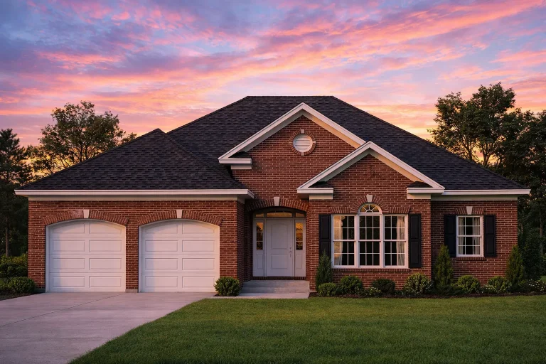 House Plans 20 Front elevation of a Traditional Ranch style home featuring horizontal siding, stone accents, shutters, and an inviting arched entry