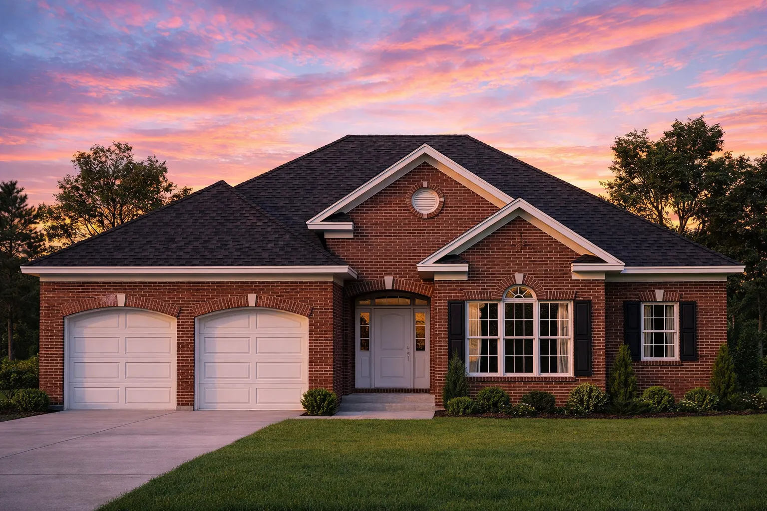 Front elevation of a Traditional Ranch style home featuring horizontal siding, stone accents, shutters, and an inviting arched entry