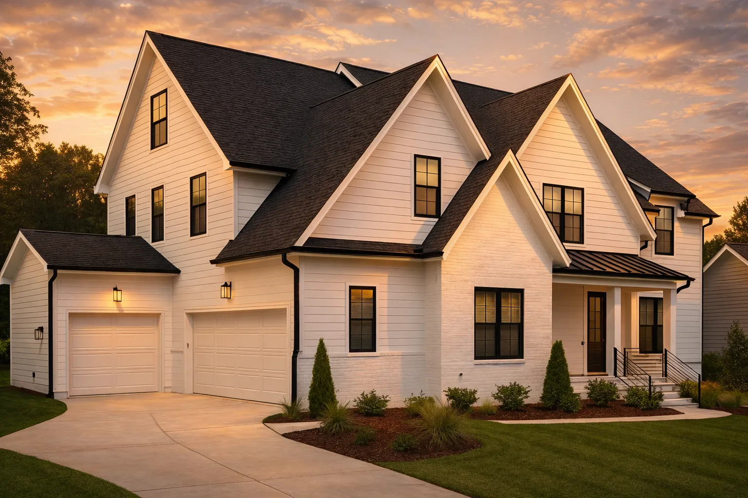 Front exterior of a Modern Farmhouse New American style home with white painted brick, black windows, steep gables, and an attached garage