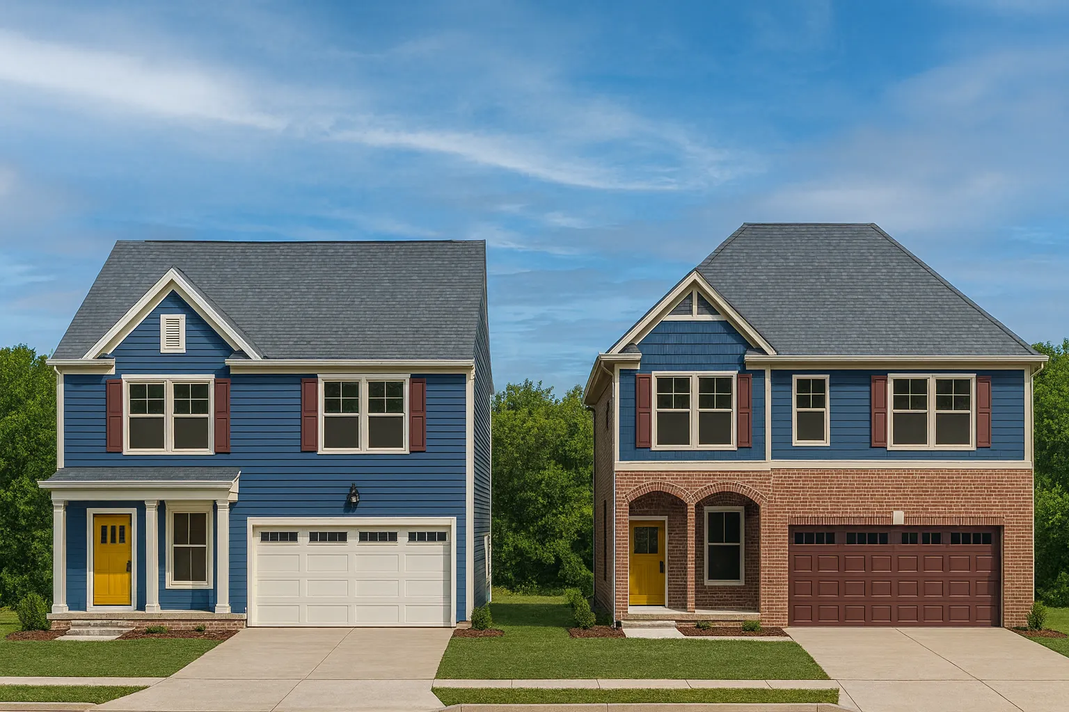 Front view of a Traditional Colonial style home with horizontal siding, partial stone accents, and symmetrical windows under a gable roof