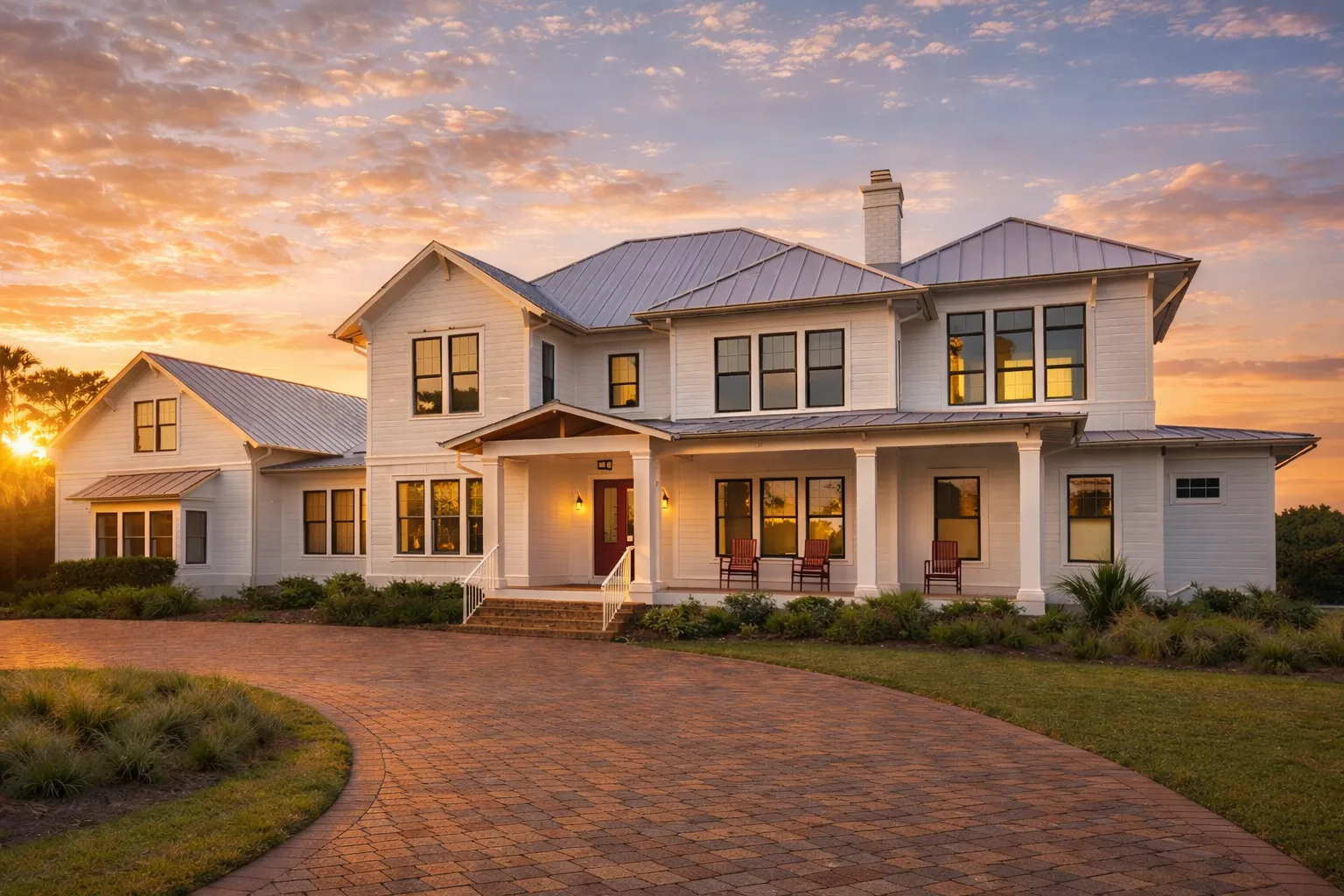 Bungalow House Plans 29 Front elevation of a Southern Farmhouse Low Country style home featuring board and batten siding, metal roof, covered porches, and symmetrical traditional design