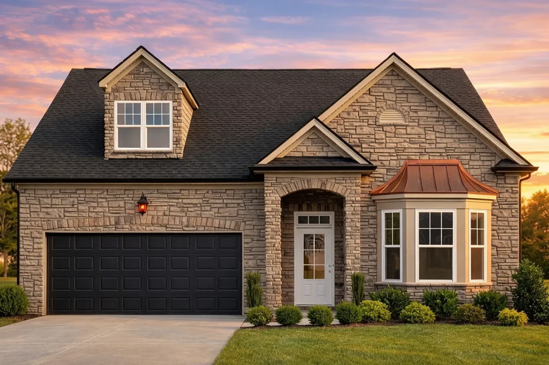 Front elevation of a Traditional Ranch style house featuring a mix of horizontal siding and stone accents with a gabled roof and dormer windows
