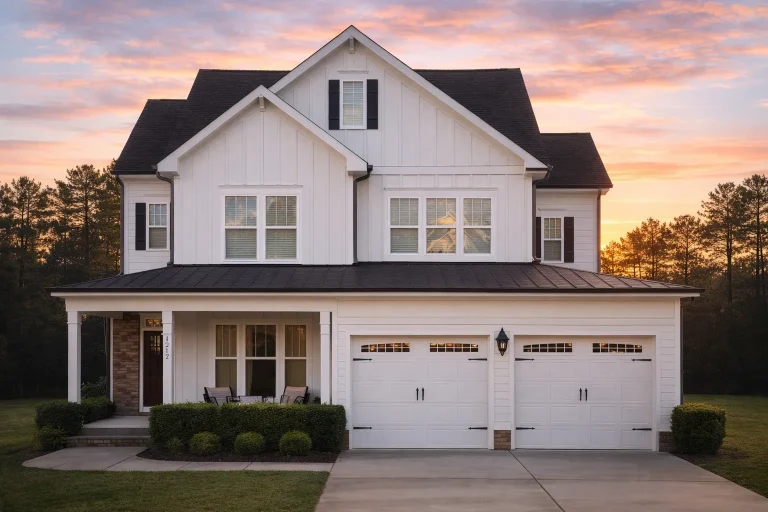 Front elevation of modern farmhouse style home with board and batten siding, brick accents, covered porch, and two-car garage