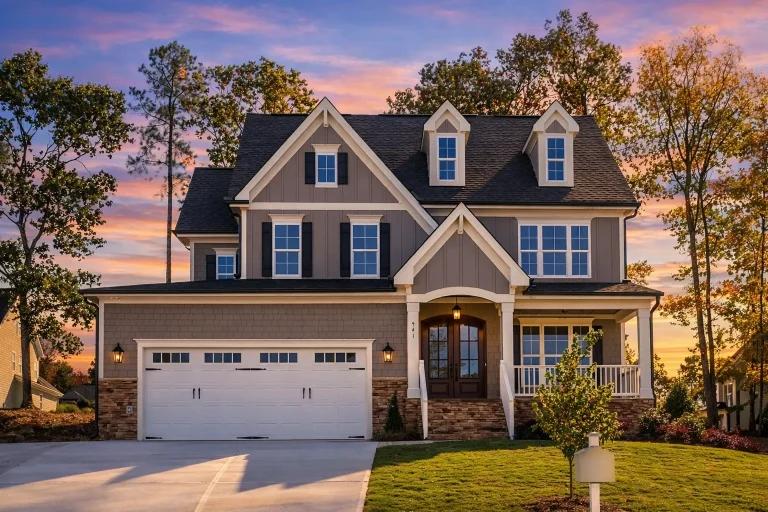 Front elevation of New American Modern Traditional home with brick accents, lap siding, gabled rooflines, and covered porch