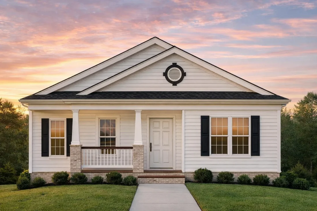 Front elevation of a Traditional Suburban house featuring horizontal siding, stone water-table base, and a welcoming covered porch