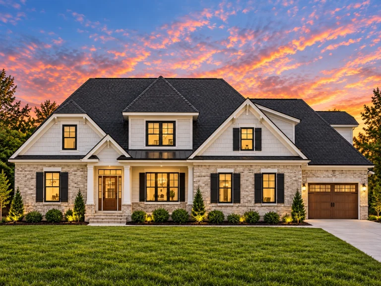 Front elevation of a New American Modern Farmhouse style home featuring horizontal siding, stone base, black shutters, and a welcoming covered entry