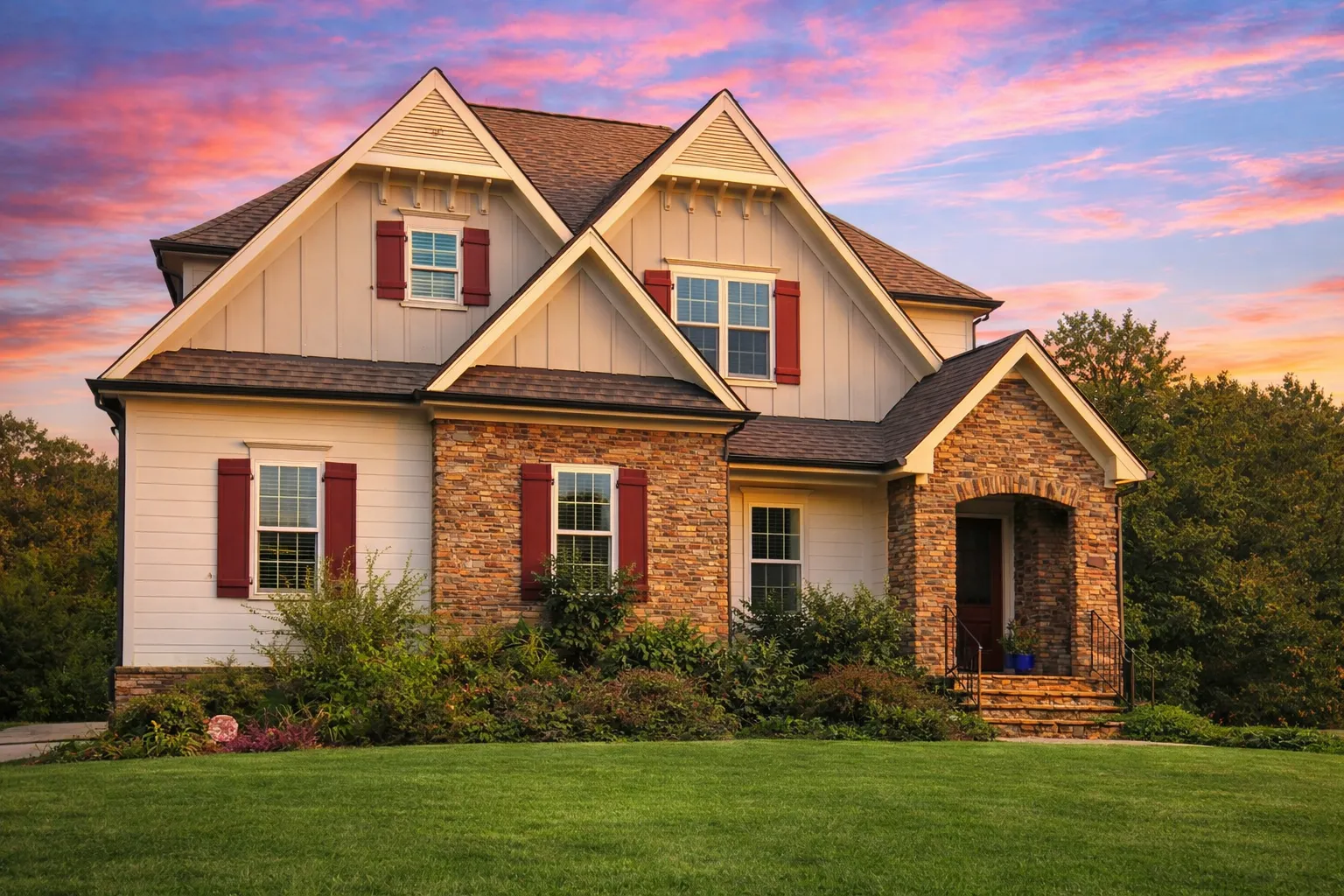 4 Bedroom House Plans 10 Front elevation of a New American farmhouse-style home featuring board and batten siding, stone accents, black shutters, and a welcoming covered entry