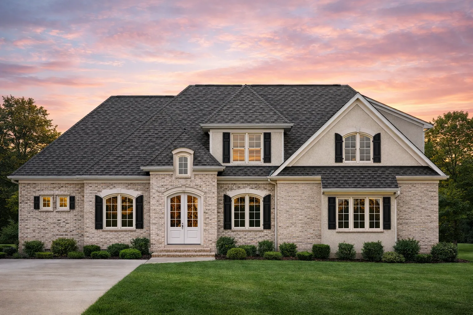 Front exterior view of a New American style farmhouse home featuring white board and batten siding, stone entry accents, gabled rooflines, and warm sunset lighting