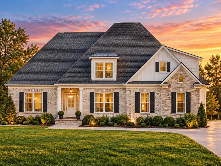 Front elevation of a Cape Cod style home featuring horizontal siding, stone exterior accents, gabled rooflines, and a welcoming covered porch