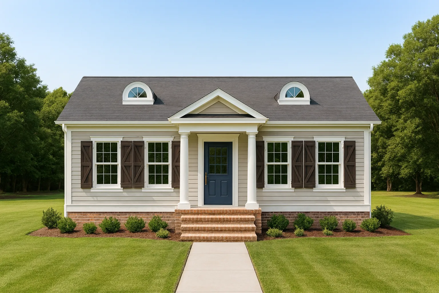 Open Porch House Plans 11 Front elevation of a Traditional Colonial Cottage home featuring horizontal lap siding, brick foundation, shuttered windows, and a symmetrical façade