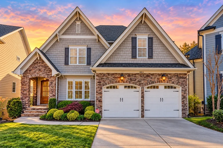 Front elevation of a Traditional New American style home with brick exterior, stone accents, Craftsman gables, and double front-entry garage