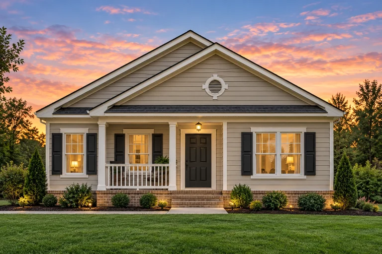 Front elevation of a Traditional Suburban house featuring horizontal siding, stone water-table base, and a welcoming covered porch
