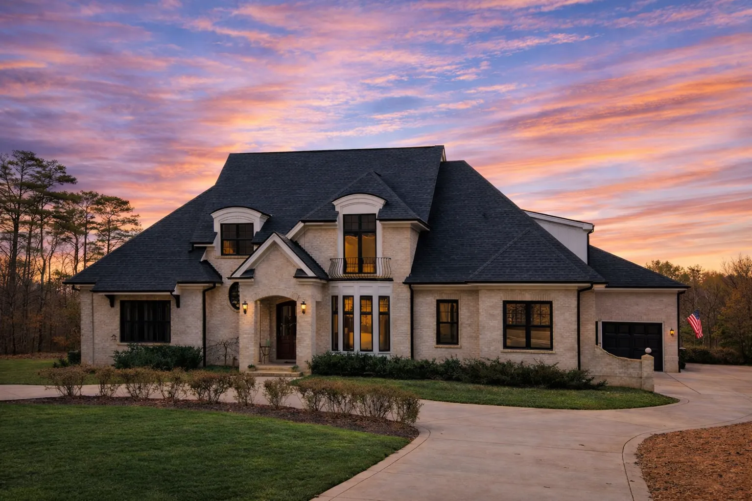 Front elevation of a French Country style luxury home featuring painted brick exterior, steep hipped roof, symmetrical windows, and elegant arched entry