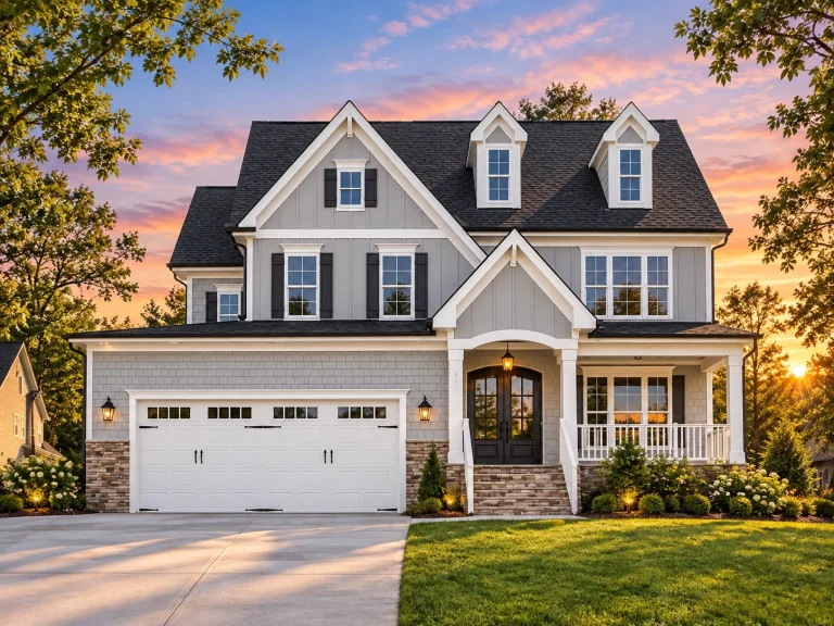 Front elevation of New American Modern Traditional home with brick accents, lap siding, gabled rooflines, and covered porch