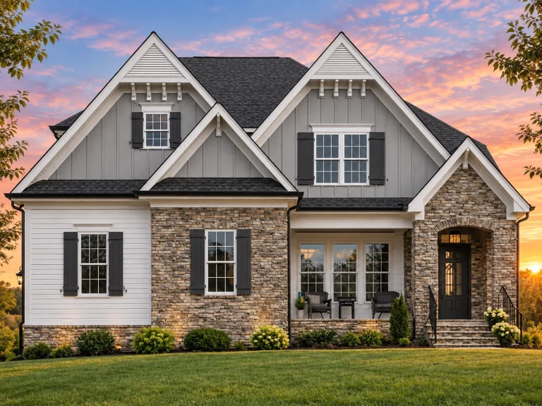 Front elevation of a New American farmhouse-style home featuring board and batten siding, stone accents, black shutters, and a welcoming covered entry