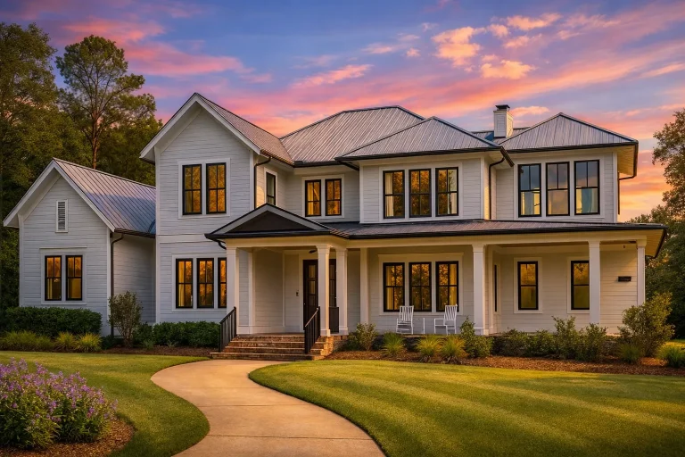 Front elevation of Modern Farmhouse home with white board and batten siding, standing seam metal roof, covered porch, and warm evening lighting