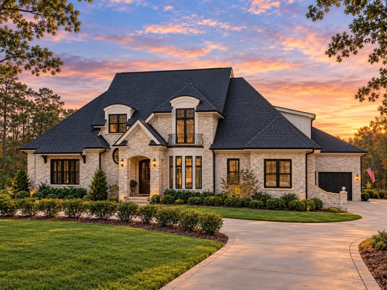 Front elevation of a French Country style luxury home featuring painted brick exterior, steep hipped roof, symmetrical windows, and elegant arched entry