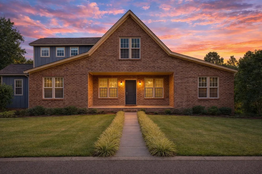Front view of traditional ranch style home with full brick exterior, centered entry, gabled roofline, and manicured lawn at sunset