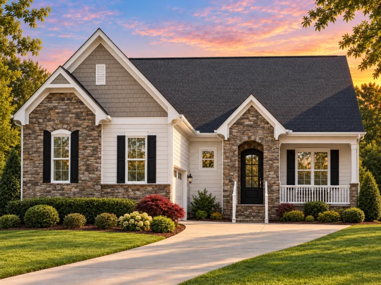 Front elevation of a New American style home with stone veneer, horizontal siding, gabled rooflines, and covered entry