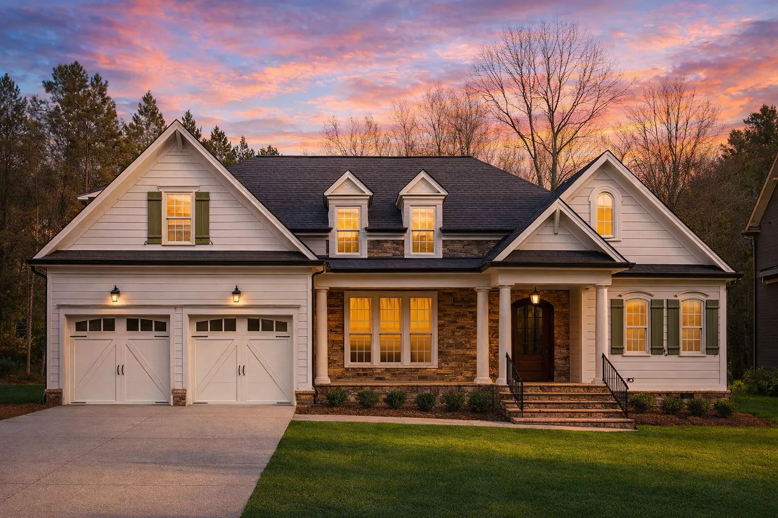 Front exterior view of a Traditional New American house with brick façade, horizontal siding, symmetrical gables, shutters, and a welcoming covered entry