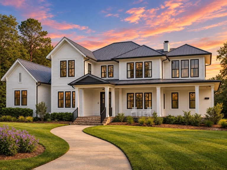 Front elevation of Modern Farmhouse home with white board and batten siding, standing seam metal roof, covered porch, and warm evening lighting