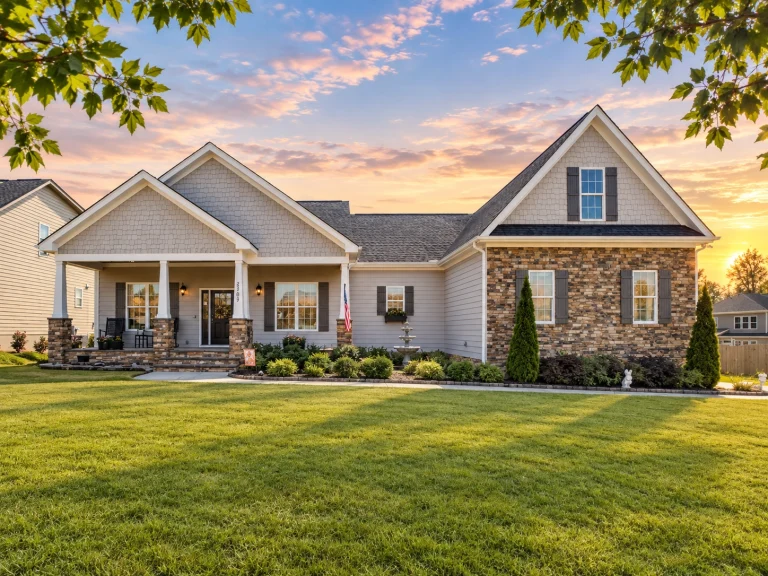 Front elevation of a Traditional Ranch style home featuring brick accents, horizontal siding, board-and-batten details, and a covered front porch