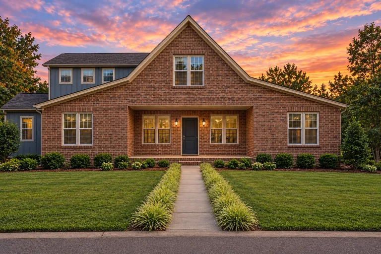 Top Designer-Approved House Plans 18 Front view of traditional ranch style home with full brick exterior, centered entry, gabled roofline, and manicured lawn at sunset