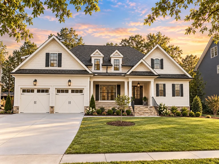 Front exterior view of a Traditional New American house with brick façade, horizontal siding, symmetrical gables, shutters, and a welcoming covered entry