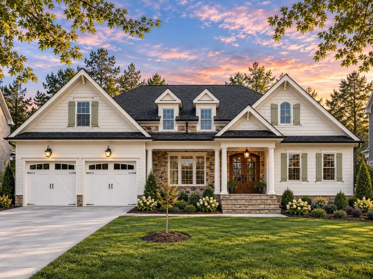 Front exterior view of a New American Traditional style house with horizontal siding, stone accents, gabled rooflines, and a welcoming covered porch