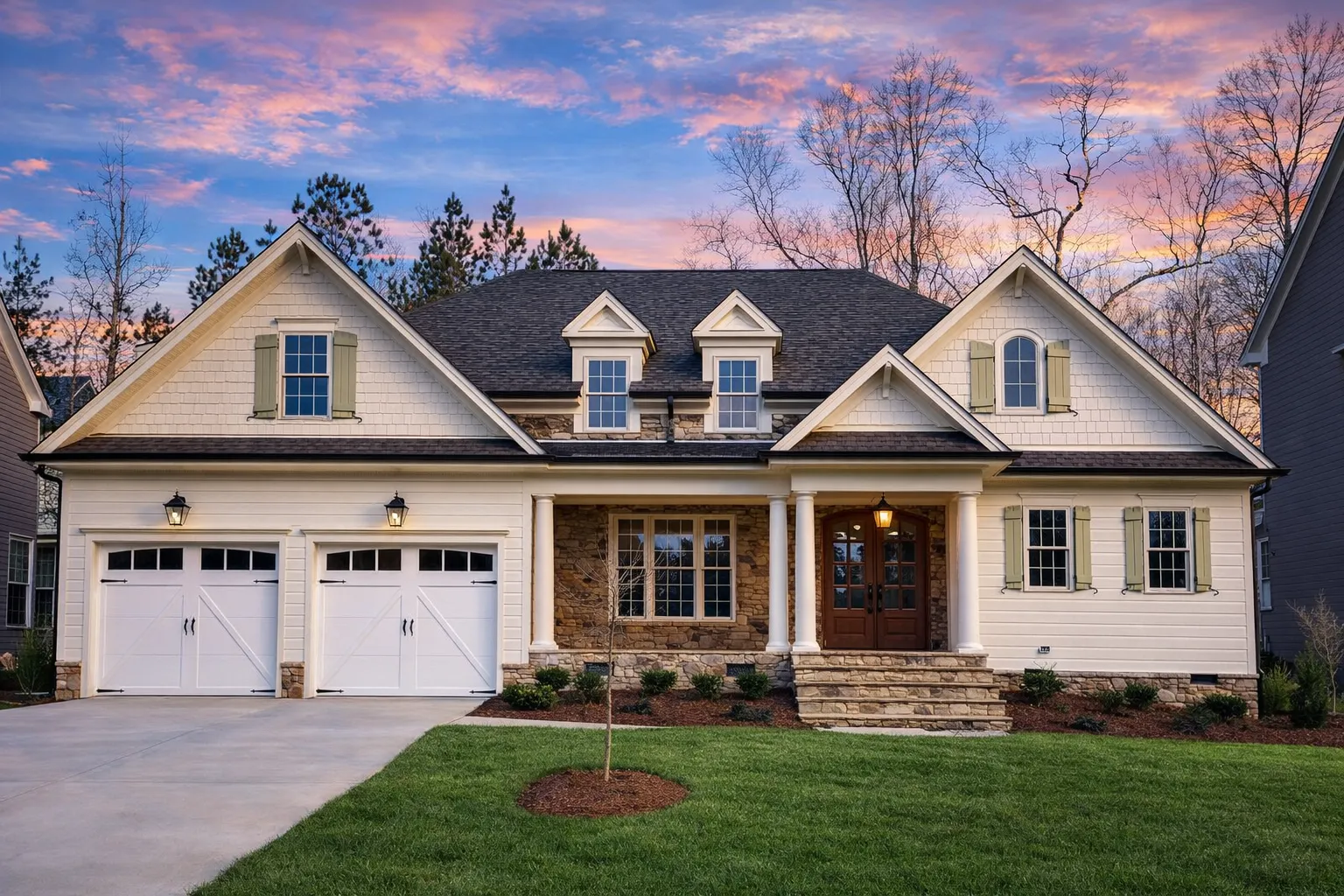Front exterior view of a New American Traditional style house with horizontal siding, stone accents, gabled rooflines, and a welcoming covered porch