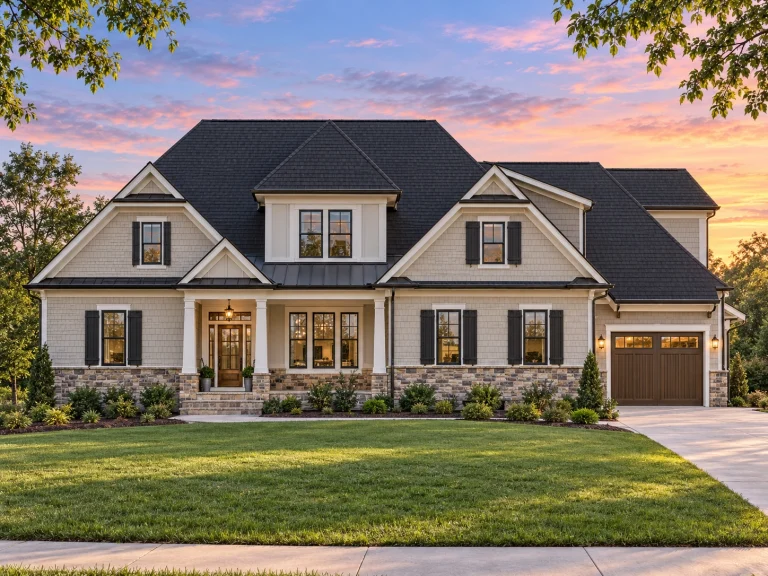 Low Country House Plans 2 Front elevation of a New American Modern Farmhouse style home featuring horizontal siding, stone base, black shutters, and a welcoming covered entry