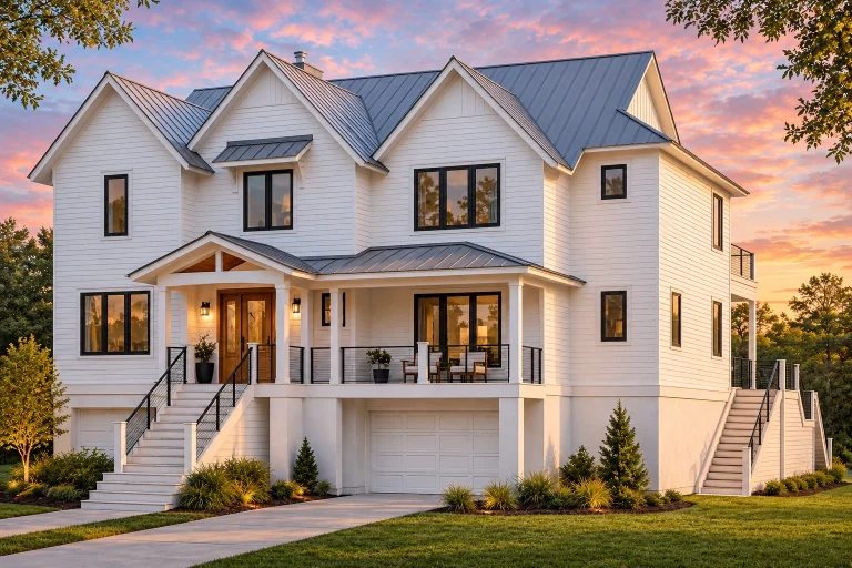 Front exterior view of an elevated Coastal Traditional Low Country style home with white board and batten siding, metal roof, raised foundation, and covered porch
