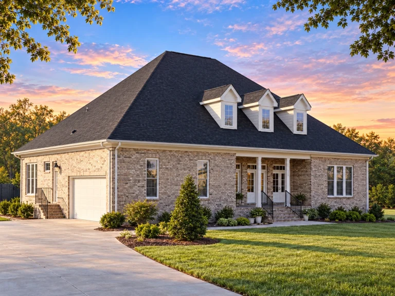 Front elevation of a Traditional Colonial style brick home with symmetrical windows, central entry, and dormer roof design
