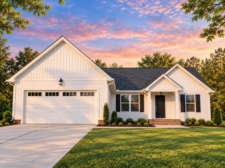 Conventional House Plans 12 Front elevation of a Traditional Ranch style home featuring board and batten, horizontal siding, stone accents, and a welcoming covered entry