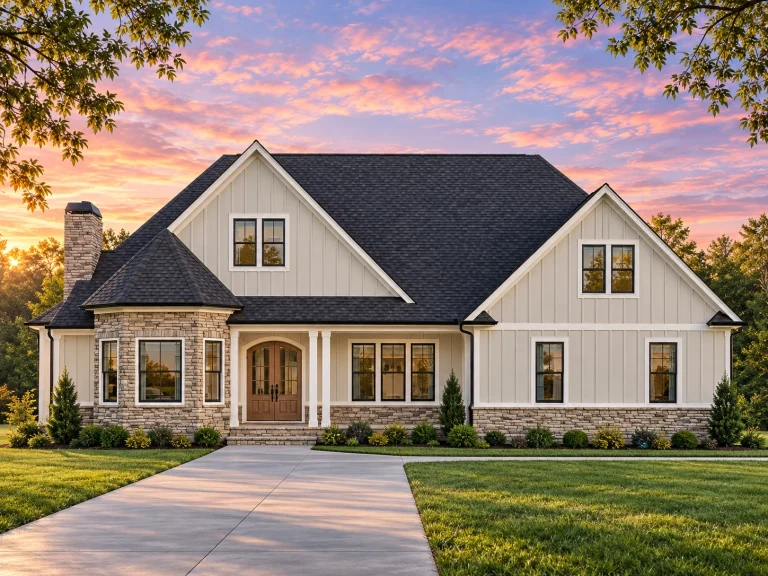 Front elevation of a modern farmhouse style home featuring white board and batten siding, stone accents, symmetrical gables, and a welcoming covered entry