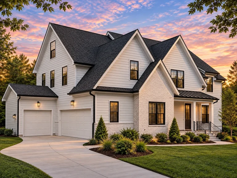 Front exterior of a Modern Farmhouse New American style home with white painted brick, black windows, steep gables, and an attached garage