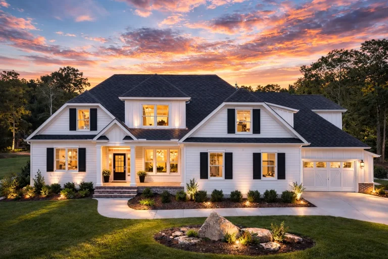 American House Plans 7 Front elevation of a New American Modern Farmhouse style home featuring horizontal siding, stone base, black shutters, and a welcoming covered entry