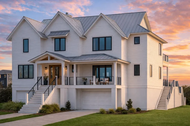 Front exterior view of an elevated Coastal Traditional Low Country style home with white board and batten siding, metal roof, raised foundation, and covered porch