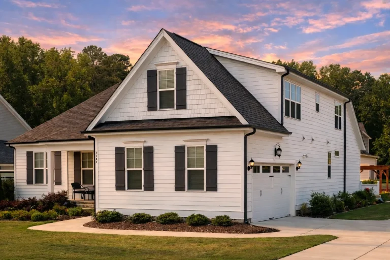Front elevation of a Cape Cod coastal traditional house featuring horizontal siding, shingle accents, gabled rooflines, and a covered front porch