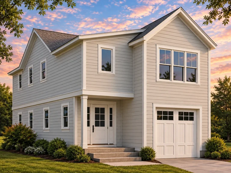 Front view of a New American Transitional two-story house with lap siding, gable rooflines, and an attached 1-car garage