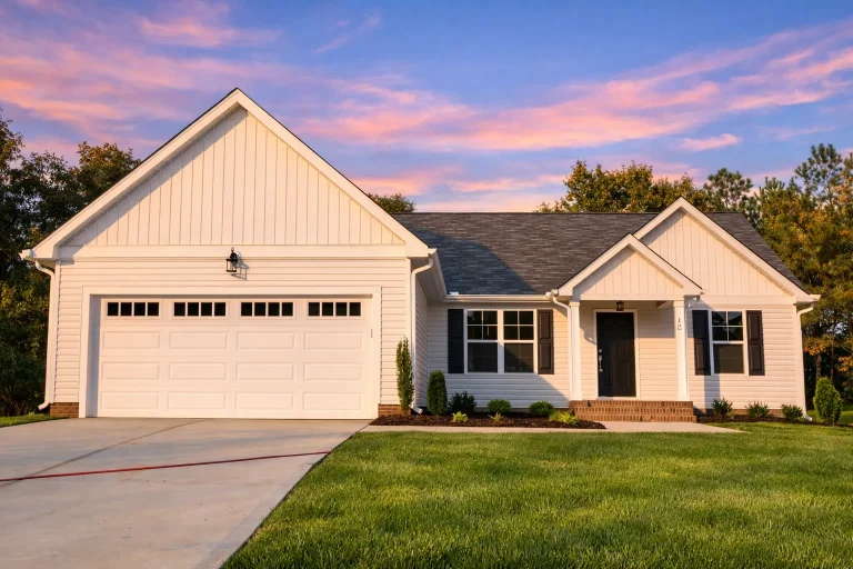 American House Plans 11 Front elevation of a Traditional Ranch style home featuring board and batten, horizontal siding, stone accents, and a welcoming covered entry