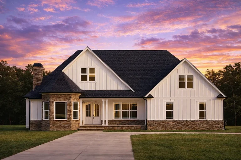 Front elevation of a modern farmhouse style home featuring white board and batten siding, stone accents, symmetrical gables, and a welcoming covered entry